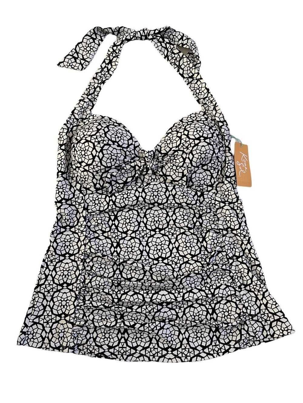 Kona Sol Womens Small Black White Mosaic swim top tankini Ruching Pad Bra #MQ14